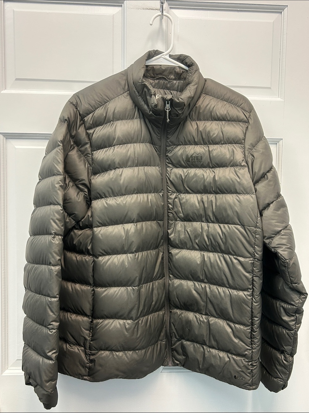 REI Co-Op 650 Men’s Down Puffer Gray Jacket Size Large Windproof Water-Resistant